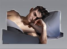 a digital painting of a man laying in bed with his head on his hand and eyes closed