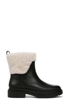 A shearling trim adds plenty of cozy-chic vibes to this burnished leather bootie. 2" heel; 1 1/4" platform (size 8.5) 7 1/2" shaft Pull-on style Leather and genuine shearling (South Africa) upper/leather lining/rubber sole Imported Timeless Boots, Baby Clothes Sale, Chic Vibes, Lug Sole Boots, Sweater Collection, Cozy Chic, Lug Sole, Black Booties, Short Boots