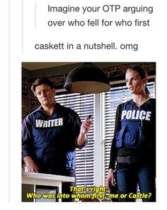 two people standing next to each other in front of a window with the caption, imagine your otp arguing over who fell for who first casket in a nut shell omg