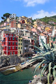 the colorful buildings are next to the water and people swimming in the river below them