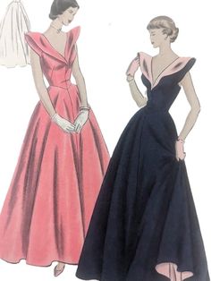 two women in evening gowns, one wearing a veil and the other wears a dress