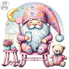 a painting of a gnome sitting in a rocking chair next to a teddy bear