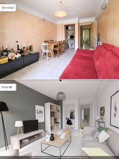 two pictures show the same living room and dining room in different rooms, one is empty