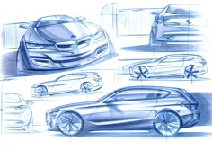 sketches of cars are shown in this image