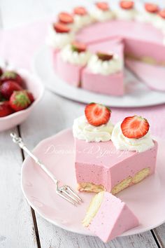 a slice of strawberry cheesecake on a pink plate