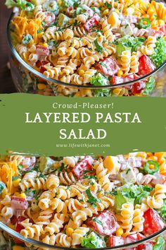 layered pasta salad with tomatoes, lettuce and other vegetables in two serving dishes