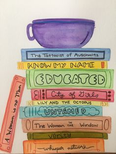 a drawing of a stack of books with a purple bowl sitting on top of them