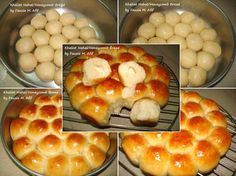 four pictures show different stages of bread being baked in pans, including buns and rolls