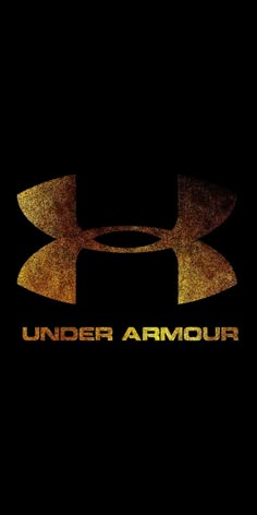 the under armour logo is shown on a black background with gold glitters and an orange arrow