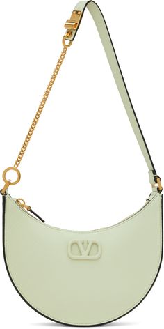 Grained calfskin bag in green. · Burnished edges throughout · Adjustable leather and curb chain shoulder strap · Leather-covered logo hardware at face · Zip closure · Card slot at interior · Fully lined · H4.5 x W7.75 x D1.75 Supplier color: Meadow mist Curb Chain, Luxury Streetwear, Valentino Garavani, Aesthetic Clothes, Mist, Calf Skin, Leather Straps, Shoulder Strap, Outfit Accessories