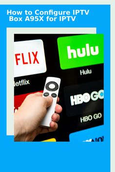 a hand holding a remote control in front of several different televisions and logos on a blue background