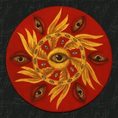 an eyeball with yellow feathers on it is surrounded by other eyes in front of a red background