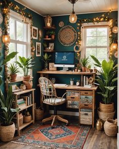 a home office decorated with plants and lights