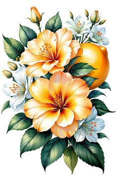 an orange and white flower arrangement with leaves on a white background for use in greeting cards or wallpapers