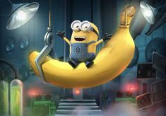 a minion is sitting on top of a banana