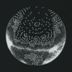 a black and white photo of a circular object with dots on it's surface