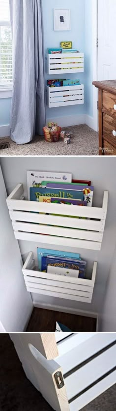 a white shelf with books and magazines in it