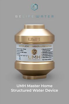 the umh master home structured water device is shown in gold and white with an image of