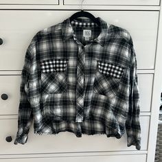 From Urban Outfitters Size Xs. Wide Cut, Frayed Hem, Cropped (But Not Short Just Hip Length). In Like Brand New Condition Hip Length, Urban Outfitters, Button Down Shirt, Brand New, Womens Tops, Black And White, White, Women Shopping, Black