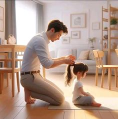 a man combing his daughter's hair while sitting on the floor