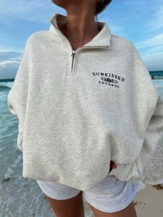 Salty Grey Quarter-Zip Sweatshirt Sweaters For Women Aesthetic, Cute Outfits Sweatshirts, Cute Half Zip Pullover, Sun Kissed Coconut Sweatshirt, Happy Camper Sweatshirt, Cute Summer Sweatshirts, Sweatshirt Inspo Aesthetic, Quarter Zip Design, Sunkissed Coconut Hoodie