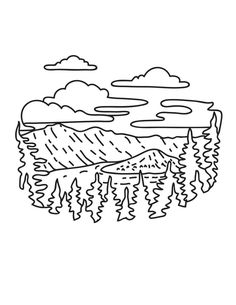 a black and white drawing of mountains with trees in the foreground, clouds in the background