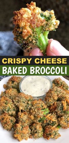 broccoli florets on a white plate with ranch dip in the middle