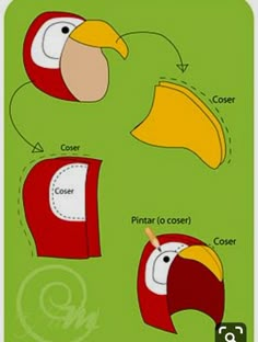 the instructions for how to make a paper bird with different facial shapes and beaks