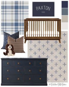 a baby's nursery room with blue and white plaid wallpaper, wooden crib,