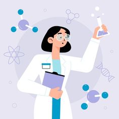 a woman in white lab coat holding a beakle and flask with blue bubbles around her