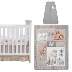 a baby crib bedding set with animals on it and a blanket in the middle