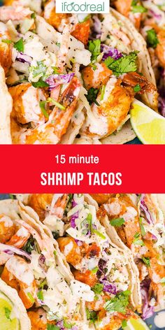 shrimp tacos with lime wedges and cilantro