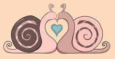 A cartoon illustration of two snails whose necks and mouth tentacles form the shape of a heart. The two of them mirror each other, with matching spiral antennae, striped shell spirals, and spiral tails. They are variations on the same pink, taupe, and brown color scheme. There is a turquoise heart between them and a pale orange background. Snail Shell Drawing, Snails Cute, Shell Drawing, Cottagecore Witch, Drawing Digital Art, Sticker Notebook, Heart Illustration, Snail Shell, Drawing Digital