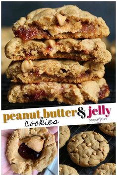 peanut butter and jelly cookies are stacked on top of each other with the words,