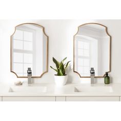 two mirrors sitting on top of a white counter next to a potted green plant