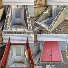 four different pictures of the same door and window in an old house that has been gutted