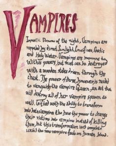 an old manuscript with writing on it that says vampire's v and the letter v