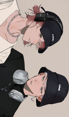 two anime characters wearing black clothing and hats