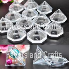 several clear plastic cones are shown with flowers in the background and on the bottom one is labeled favors and crafts