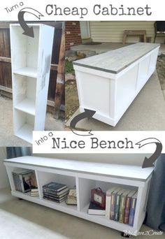 the before and after shots of an old bookcase turned into a bench with built - in bookshelves