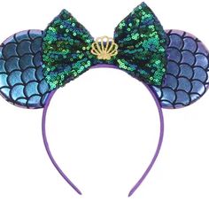 Adorable Disney Ariel Minnie Ears With A Sequin Green Bow And Shell!!! Great For Your Next Disney Trip!!! Open To Offers!!! Mermaid Headband, Bow Hairband, Mermaid Crown, Mermaid Shell, Bow Headbands, Kids Headbands, Mouse Ears Headband, Disney Ariel, Mermaid Coloring