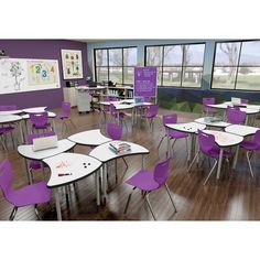 a classroom with purple chairs and desks in front of two large windows that look out onto the field