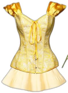 a yellow corset is shown with a flower in the foreground and a white background