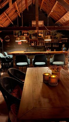 a wooden table sitting in front of a bar