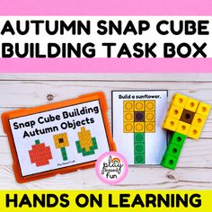 an autumn snap cube building task box with the text, hands on learning how to use it