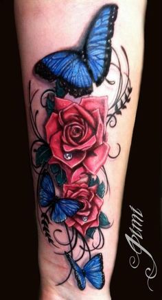 a blue butterfly sitting on top of a red rose with butterflies around it and the word love