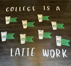 a sign with coffee cups on it that says college is a latte work