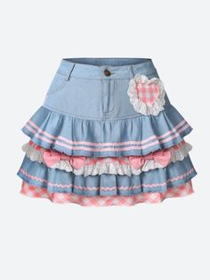 This denim mini skirt captures the kawaii aesthetic with its plaid layers, ruffle design, and heart-shaped plaid detail. Adorned with ribbons, lace, and bows, along with belt loops, it's a playful and stylish piece for casual or streetwear outfits. Kawaii aesthetic Plaid layer details Ruffle design Heart shaped plaid detail at front Ribbon & lace details Bows on skirt Belt loop details A-line Button & zip fastening Double pockets at front Cotton, polyester Fairy Kei Mini Skirt With Ruffles, Fairy Kei Ruffled Bottoms For Summer, Fairy Kei Ruffle Bottoms For Summer, Fairy Kei Ruffled Mini Skirt For Summer, Fairy Kei Mini Skirt With Ruffles For Summer, Summer Fairy Kei Mini Skirt With Ruffles, Cute Plaid Skirt For Spring, Cute Denim Bottoms With Ruffles, Harajuku Style Ruffled Skirt Bottoms