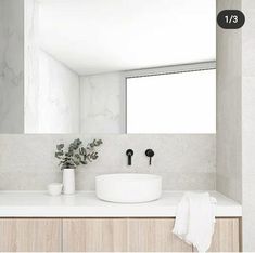 a bathroom with a sink, mirror and plants on the counter top in front of it