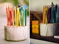 there are many colored pencils in a cup on the table next to each other